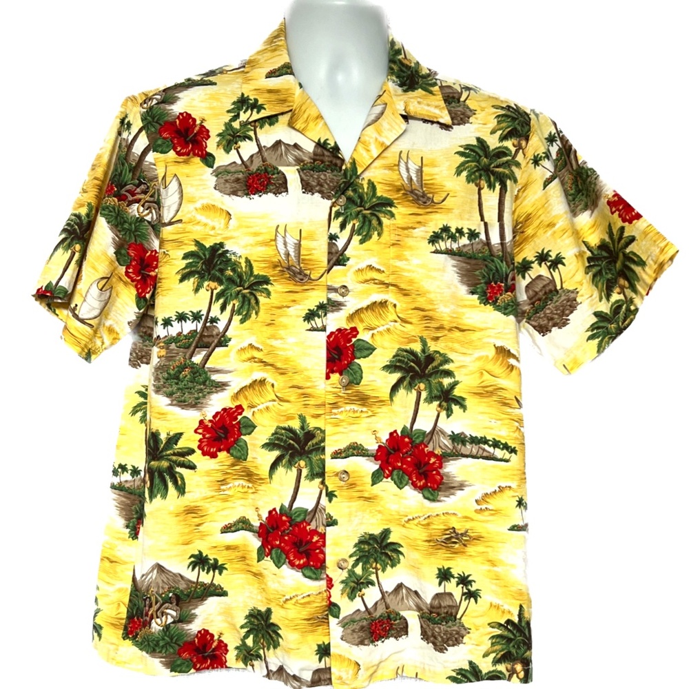 RJC Hawaiian Shirt Made In Hawaii Mens Medium Yellow Button Up 100% Cotton Palms